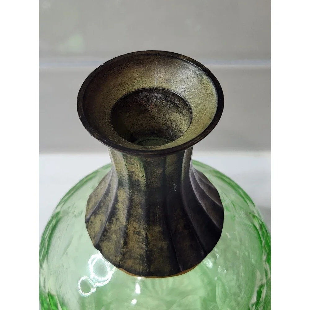 Vintage Small Green Decanter Cologne Bottle with Stopper Metal Collar Cut Glass
